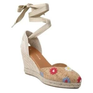 Andre Assous Ensley Flower Embroidered Espadrille Wedge Sandals Size 38